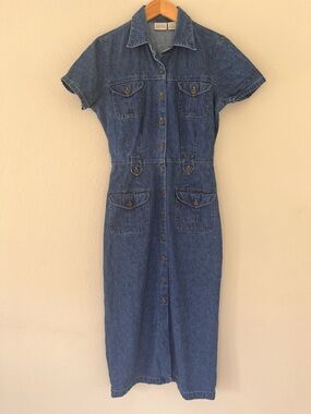 VTG St Johns Bay Denim Dress 10 Midi Button Up Modest Coastal Western 90s Y2K